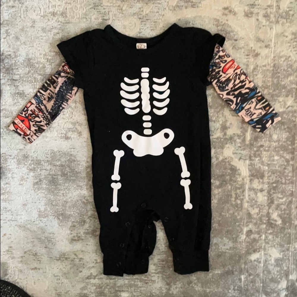 Halloween skeleton onsie with tattoo sleeves